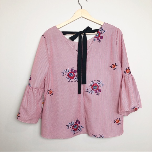 Nine West Red and White PinStripe Bell Sleeve Top | Small - Picture 7 of 14